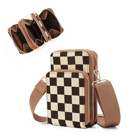 Canvas Checkerboard Crossbody Bag Large Capacity Multi-Pocket Mobile Phone Bag Casual Travel Shoulder Bag Unisex
