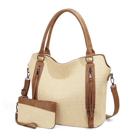 Women Large Capacity Straw Woven Tote Bag PU Leather Patchwork Casual Commuter Handbag Shoulder Bag With Small Pouch