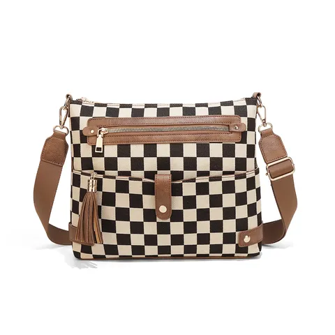 Canvas Checkered Crossbody Bag Women Urban Minimalist Large Capacity Shoulder Bag With Fringe Pendant Fashion Handbag