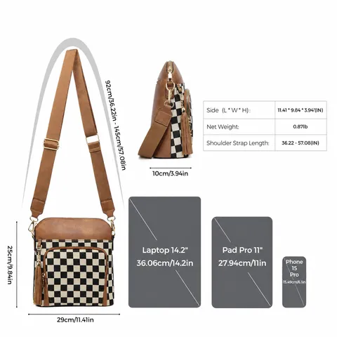 Women Fashion Checkerboard Pattern Patchwork Crossbody Bag PU Leather Vintage Casual Shoulder Messenger Bag