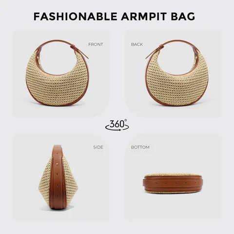Summer Woven Straw Shoulder Bag Casual PU Leather Patchwork Crescent Hobo Bag Women Fashion Vacation Underarm Bag