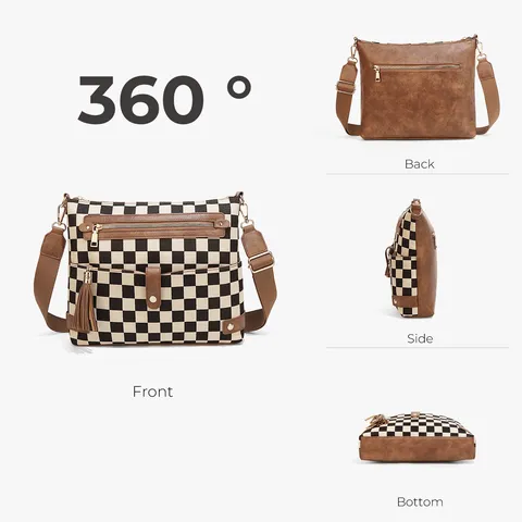 Canvas Checkered Crossbody Bag Women Urban Minimalist Large Capacity Shoulder Bag With Fringe Pendant Fashion Handbag
