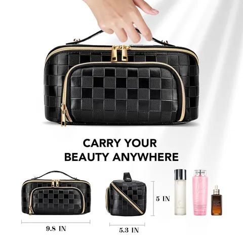 Multifunctional Waterproof PU Leather Checkerboard Cosmetic Bag Double Layer Travel Toiletry Organizer Storage Bag