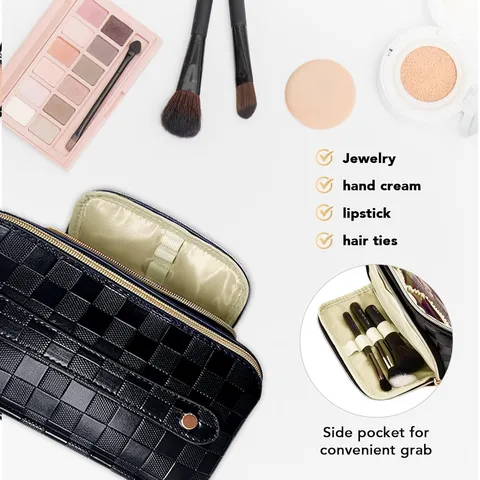 Multifunctional Waterproof PU Leather Checkerboard Cosmetic Bag Double Layer Travel Toiletry Organizer Storage Bag