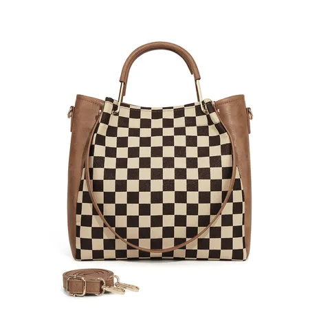 Retro Checkerboard Pattern PU Leather Women Tote Bag Urban Minimalist Shoulder Crossbody Handbag