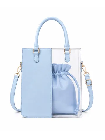 Transparent PVC Tote Bag Women PU Leather Handbag Drawstring Inner Pouch Casual Shoulder Crossbody Bag