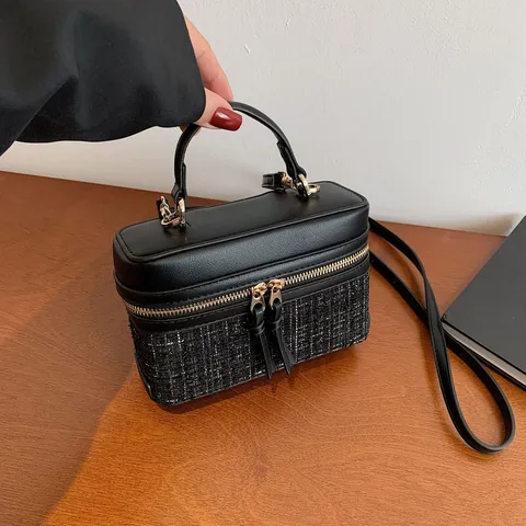 Damen Vintage PU Leder Tweed Kontrastfarbe Karo Box Tasche Mode Kleine Quadratische Umhängetasche Handtasche