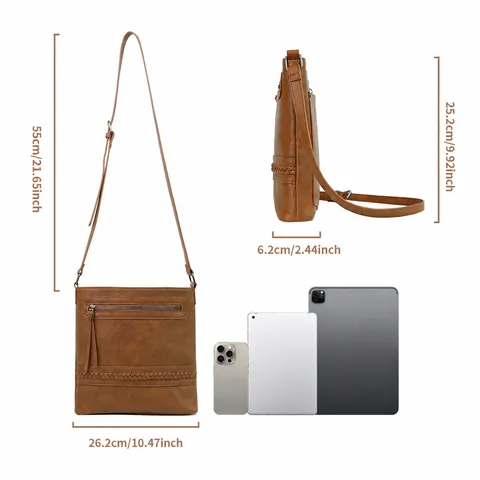 Women's Vintage PU Leather Crossbody Bag Multi-Pocket Shoulder Bag Casual Woven Handbag Large Capacity Messenger
