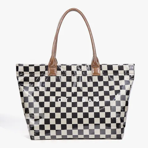 Women Fashion Retro Checkerboard Tote Bag Large Capacity Transparent PVC Casual Commuter Handbag Shopping Bag