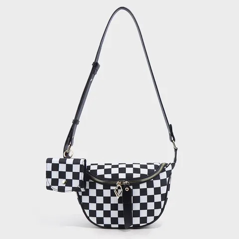 Fashion Checkerboard Nylon Crossbody Bag Women Multifunction Chest Bag Casual Commuting Shoulder Bag Travel Purse