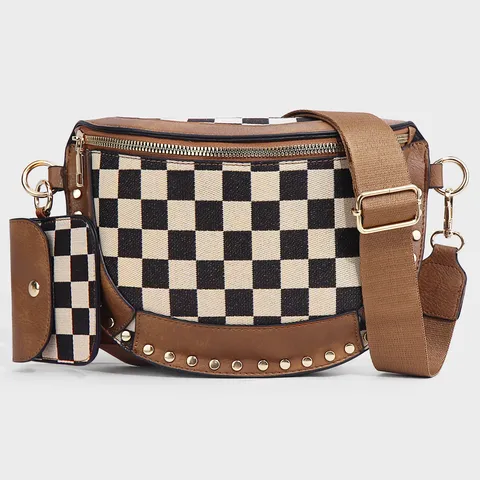 Women Canvas Checkerboard Chest Bag Retro Casual Crossbody Bag Fashion Rivet Shoulder Bag Versatile Daily Waist Bag