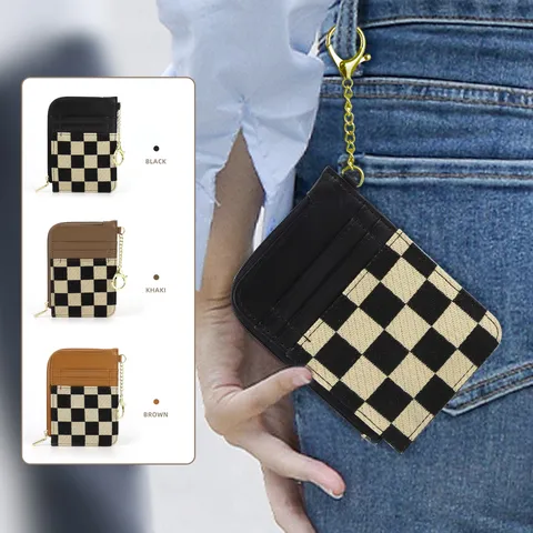 Retro Plaid Card Holder Wallet Multi Card Slots Vintage Synthetic Leather Coin Purse With Chain Key Ring For Women Men