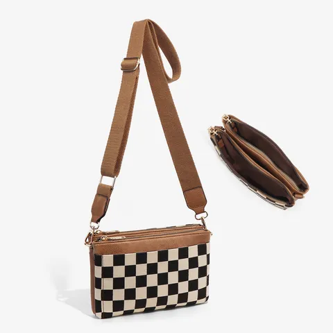 Women Canvas Checkerboard Crossbody Bag Colorblock PU Leather Shoulder Bag Multi Pocket Casual Handbag Daily Purse