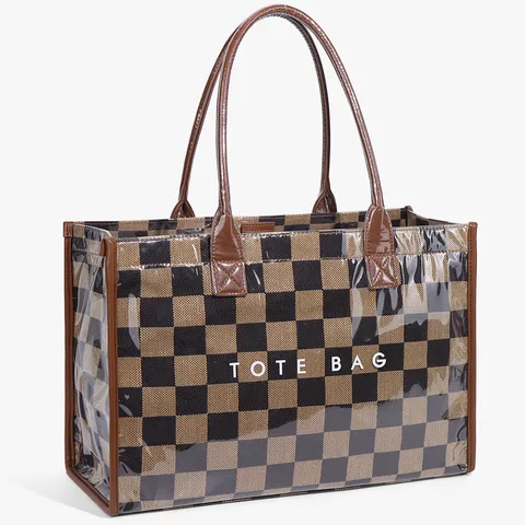 Large Capacity PVC Checkerboard Tote Bag Women Vintage Casual Shoulder Handbag PU Leather Trim Commuter Bag