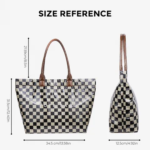 Women Fashion Retro Checkerboard Tote Bag Large Capacity Transparent PVC Casual Commuter Handbag Shopping Bag