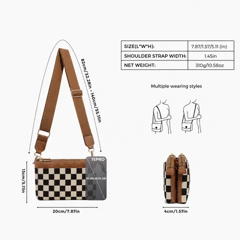 Women Canvas Checkerboard Crossbody Bag Colorblock PU Leather Shoulder Bag Multi Pocket Casual Handbag Daily Purse