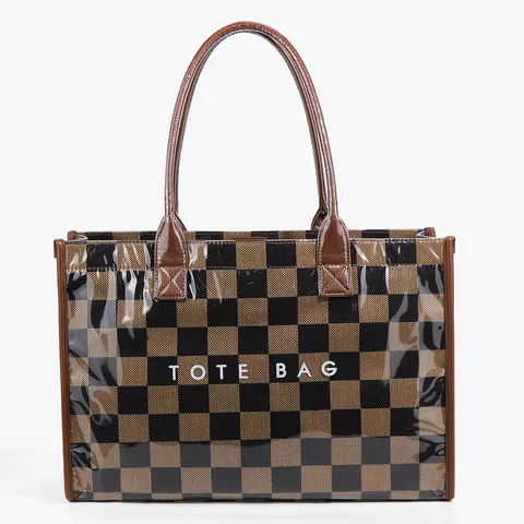 Large Capacity PVC Checkerboard Tote Bag Women Vintage Casual Shoulder Handbag PU Leather Trim Commuter Bag
