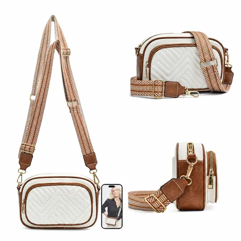 Women's PU Leather Crossbody Bag Quilted Chevron Shoulder Bag With Wide Woven Strap Casual Chic Handbag Daily Purse