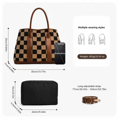 Large Capacity Checkerboard Canvas Tote Bag Women Business Commuting Shoulder Bag With PU Leather Splicing