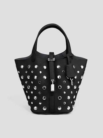 Women Fashion Punk Rivet Bucket Bag PU Leather Commuter Crossbody Handbag Top Handle Shoulder Purse