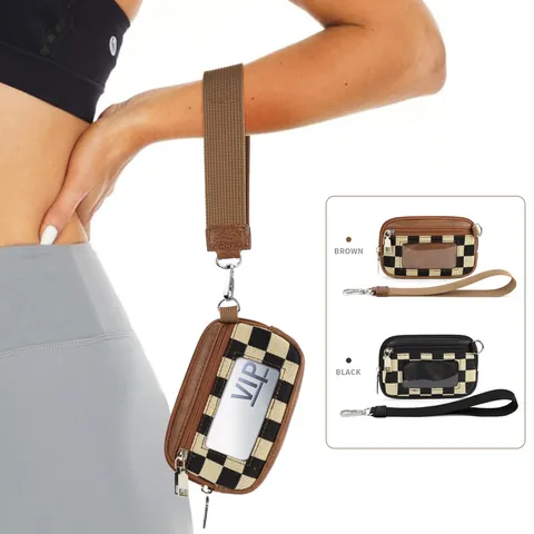 Checkerboard PVC Card Holder Wristlet Wallet Portable ID Card Coin Pouch Change Organizer For Women Men