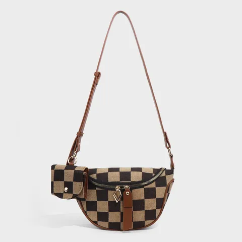 Fashion Checkerboard Canvas Crossbody Bag Casual Chest Bag Waist Bag With Small Earphone Pouch For Women Commuting