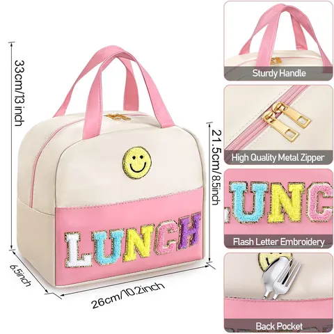 Women Insulated Lunch Bag PU Leather Cute Embroidery Tote Handbag Portable Thermal Food Box For Work School