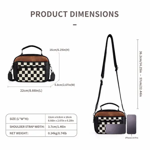 Fashion PU Leather Canvas Checkerboard Crossbody Bag Women Double Zipper Handbag Casual Shoulder Bag