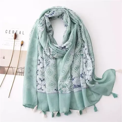 Women Cotton Linen Scarf Ethnic Bohemian Floral Printed Tassels Long Shawl Summer Beach Sun Protection Scarf