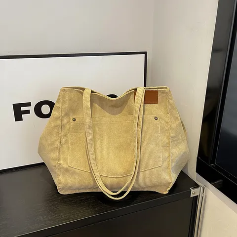 Bolso Tote de Pana para Mujer Gran Capacidad Vintage Bolso de Hombro Casual Bolso de Mano de Color Sólido