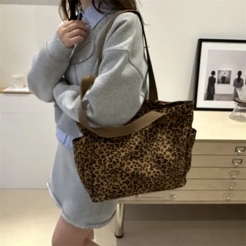 Bolso Tote de Lona de Gran Capacidad para Mujer Estampado de Leopardo Bolso de Hombro Casual Retro Bolso de Mano Diario