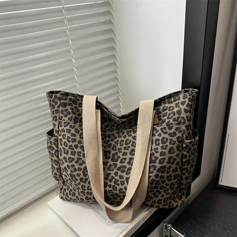 Bolso Tote de Lona de Gran Capacidad para Mujer Estampado de Leopardo Bolso de Hombro Casual Retro Bolso de Mano Diario