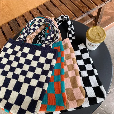 Sac Cabas Tricoté Décontracté pour Femmes Damier Rétro Grande Capacité Sac à Bandoulière
