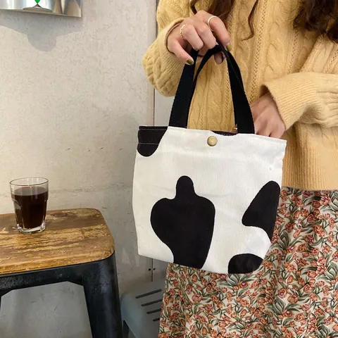 Sac Cabas de Déjeuner en Velours Côtelé pour Femmes Mignon Imprimé Floral Léopard Zèbre Sac à Main Portable Sac de Rangement Quotidien