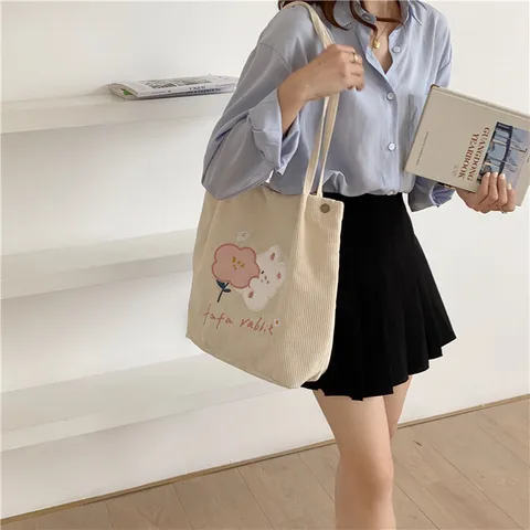 Sac Cabas en Velours Côtelé Décontracté pour Femmes Mignon Dessin Animé Broderie Lapin Sac Bandoulière Rétro Étudiant École Livre Sac Quotidien Sac à Main