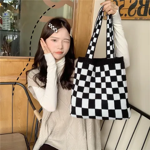 Sac Cabas Tricoté Décontracté pour Femmes Damier Rétro Grande Capacité Sac à Bandoulière