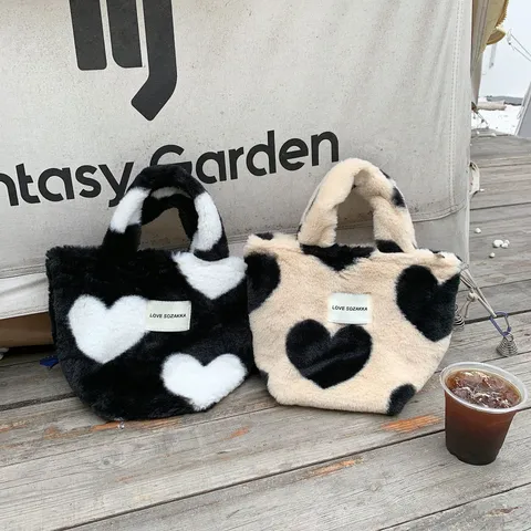 Japanese Style Plush Handbag Cute Heart Tote Bag Student Casual Bento Bag Soft Furry Large Capacity Storage Handbag