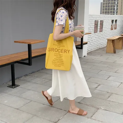 Sac Cabas en Toile pour Femmes Sac à Bandoulière Imprimé Lettres Légumes Décontracté Grand Sac à Main
