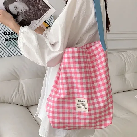 Sac Cabas en Toile Pour Femmes Rétro Carreaux Couleur Contrastée Sac à Main à Bandoulière Unique Décontracté Étudiant Navetteur