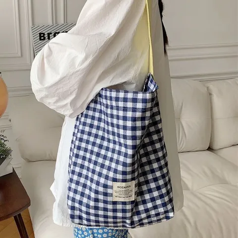Sac Cabas en Toile Pour Femmes Rétro Carreaux Couleur Contrastée Sac à Main à Bandoulière Unique Décontracté Étudiant Navetteur