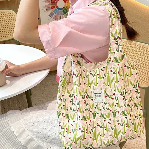 Sac Cabas en Toile pour Femmes Grande Capacité Sac à Bandoulière Décontracté Joli Imprimé Floral Tulipe Sac à Main Quotidien pour Shopping