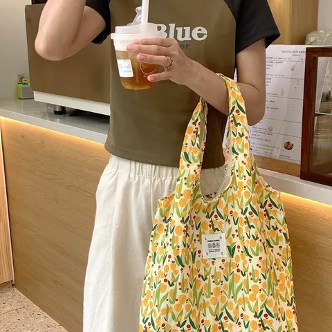 Sac Cabas en Toile pour Femmes Grande Capacité Sac à Bandoulière Décontracté Joli Imprimé Floral Tulipe Sac à Main Quotidien pour Shopping