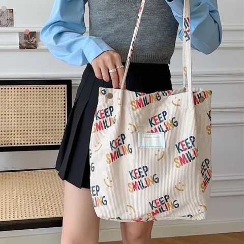 Grand Capacité Sac Cabas en Velours Côtelé pour Femmes Sac Shopper Imprimé Lettre Décontracté École Étudiant Sac d'Épaule
