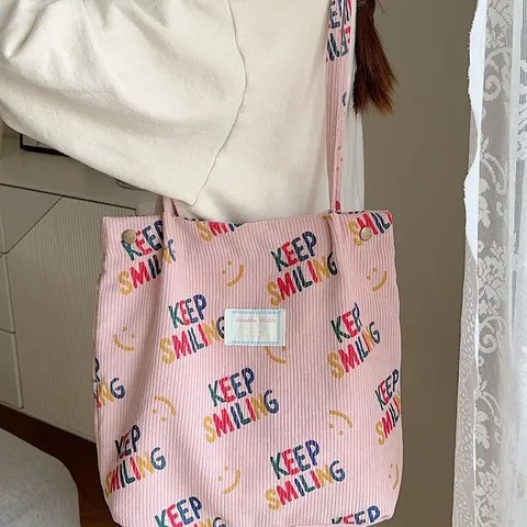 Grand Capacité Sac Cabas en Velours Côtelé pour Femmes Sac Shopper Imprimé Lettre Décontracté École Étudiant Sac d'Épaule