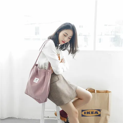 Sac Bandoulière en Velours Côtelé pour Femme Grande Capacité Tote Bag Sac Seau Décontracté Couleur Unie Sac à Main
