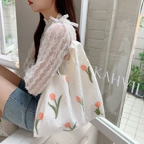 Grand Sac Cabas Pour Femmes Tissu Polyester Plissé Avec Broderie De Tulipes Sac Bandoulière Décontracté Sac De Shopping
