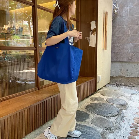 Korean Minimalist Canvas Tote Bag Women Large Capacity Shoulder Bag Double Sided Plaid Casual Handbag For Daily Commute