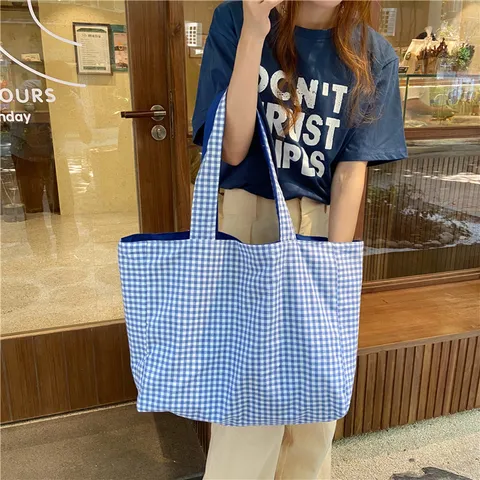 Korean Minimalist Canvas Tote Bag Women Large Capacity Shoulder Bag Double Sided Plaid Casual Handbag For Daily Commute