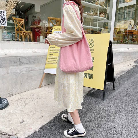Style Coréen Ins Frais Couleur Unie Sac Bandoulière Sac Cabas Décontracté Sac en Tissu Doux Étudiant Quotidien Sac à Main