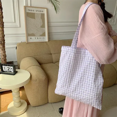 Femme Casual Bubble Carreaux Sac Cabas Japonais Frais Léger Polyester Sac Bandoulière Unique Sac à Main Quotidien Commuter